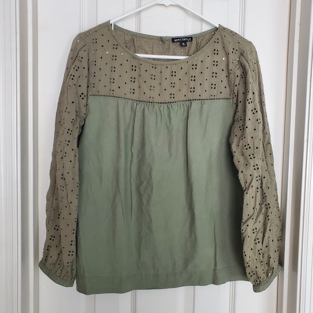 J. Crew Mercantile Olive Green Eyelet Cotton Linen Blend Blouse Shirt Top Medium
